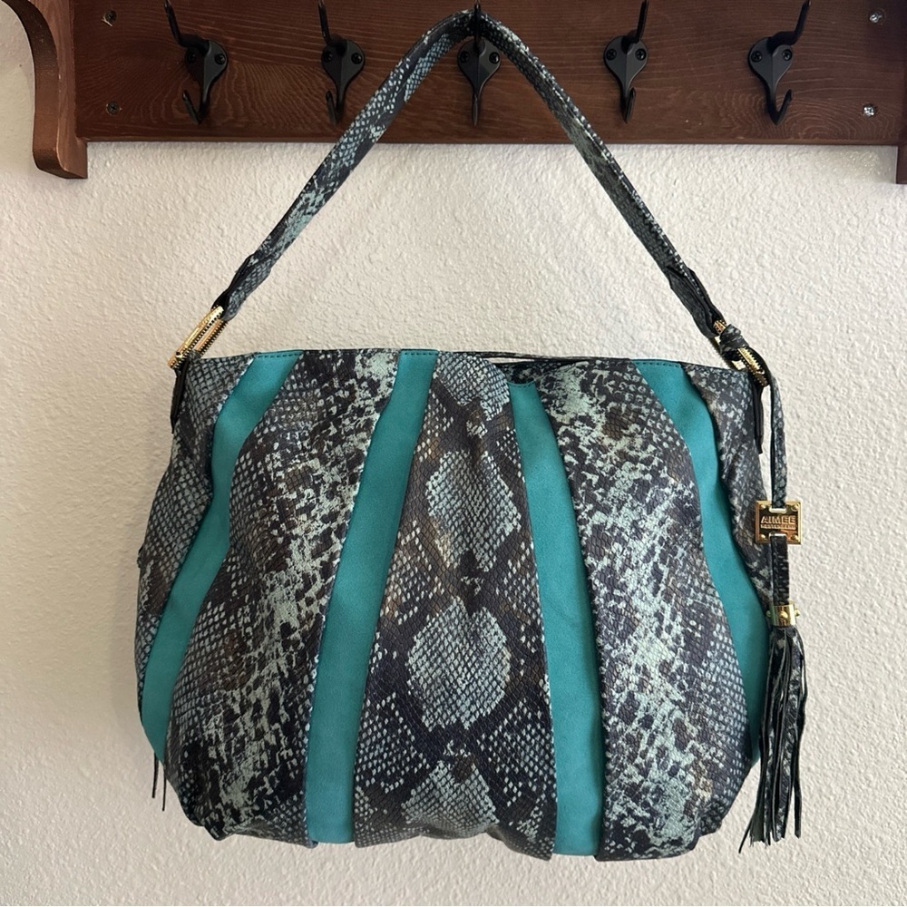 Aimee Kestenberg Teal and Black Snake-Print Hobo Bag
